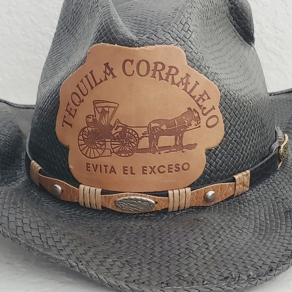 Rocha Hats Unitalla Western Cowboy Black Straw Hat Leather Tequila Patch - Picture 3 of 15